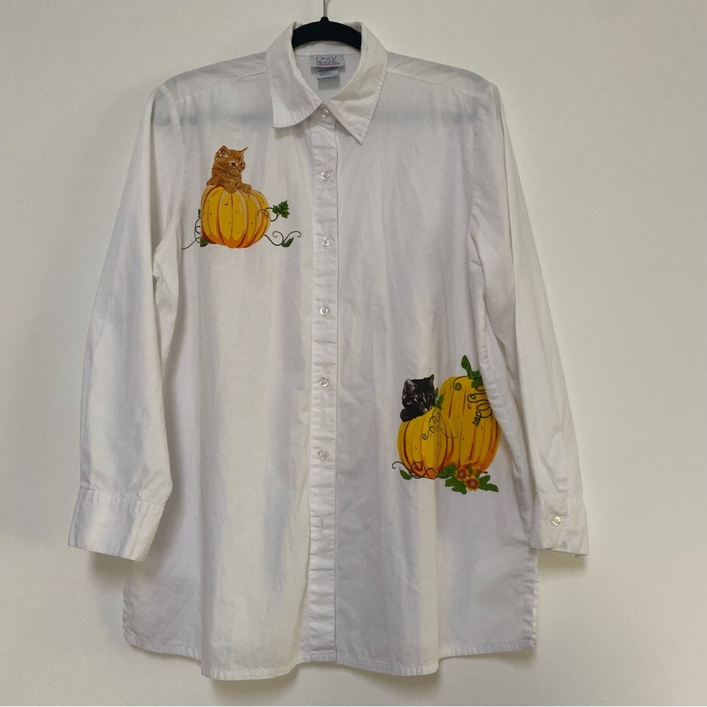 Vintage Cotton Buttoned Down Cat Pumpkin Fall Shirt White M